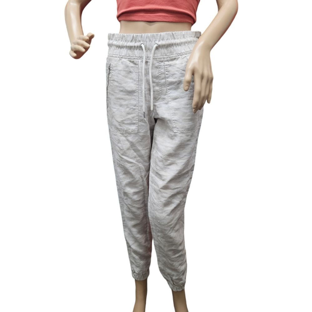 Athleta Cabo Tide Linen Joggers in Cream Camo Print drawstring waist pockets